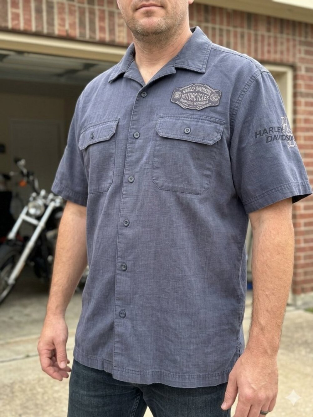 Genuine Harley-Davidson Blue Gray Striped Short Sleeve Garage Button Shirt XL